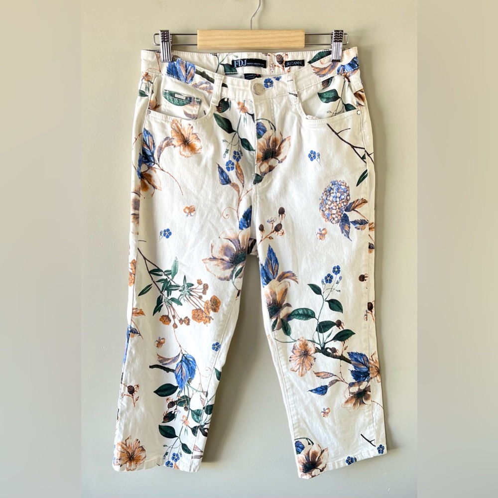 French Dressing Cream & Floral Print Women’s Denim Capri Size 10 -Coastal Spring